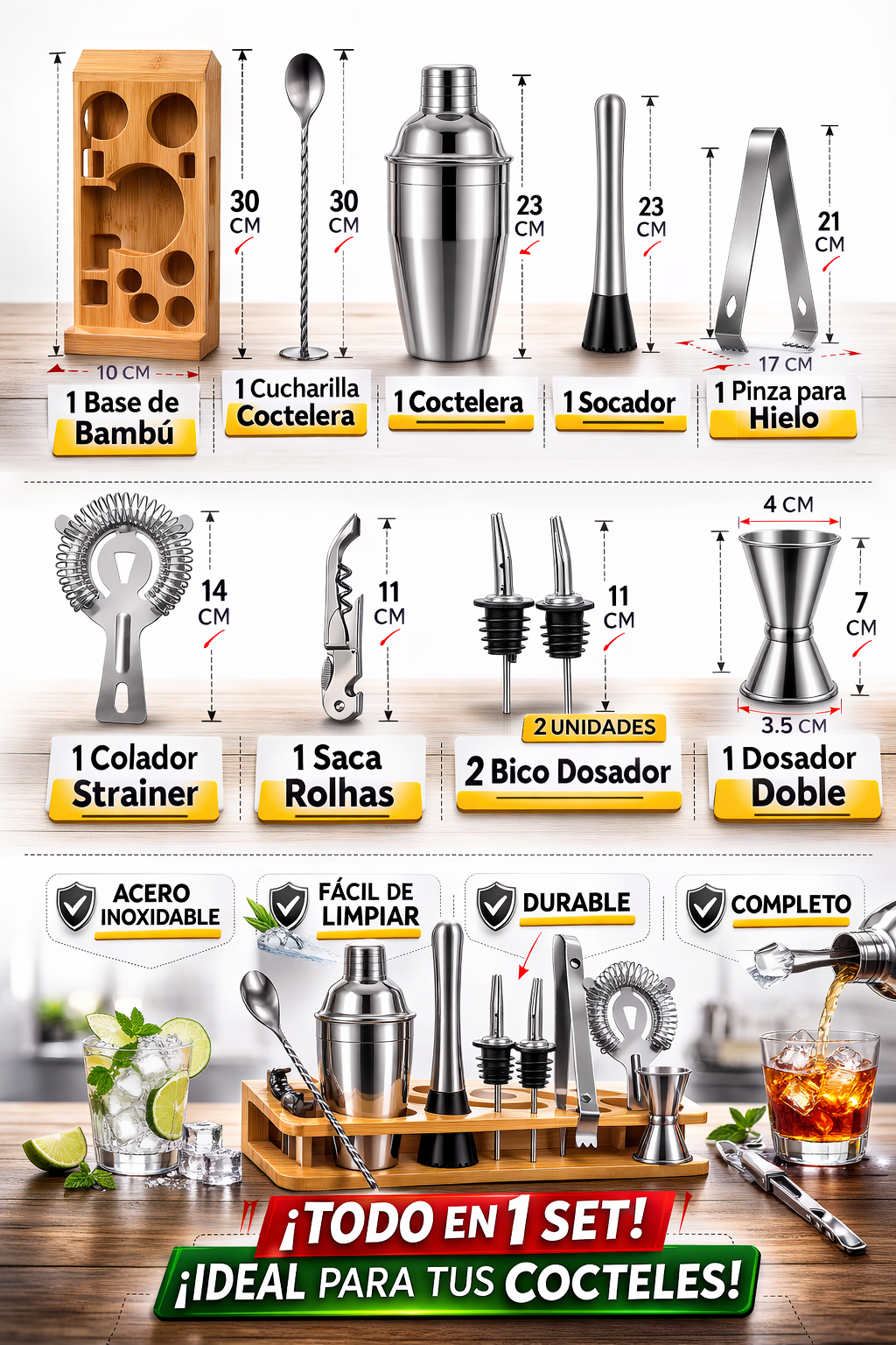 Kit de Coctelera Profesional de Acero Inoxidable para Barman, 10 Piezas