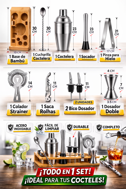 Kit de Coctelera Profesional de Acero Inoxidable para Barman, 10 Piezas